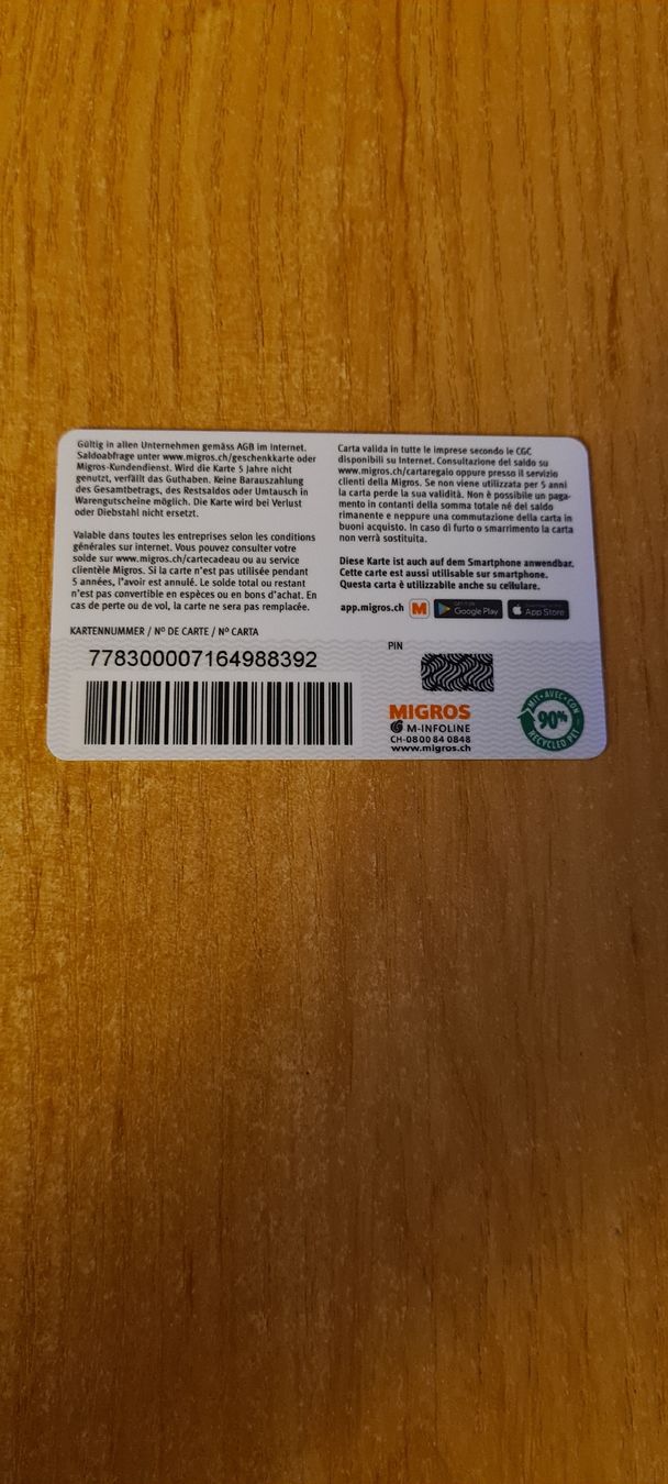 Karten: Migros Geschenkkarte  – Gebraucht aus Heiligkreuz (Mels) von Wini65 1