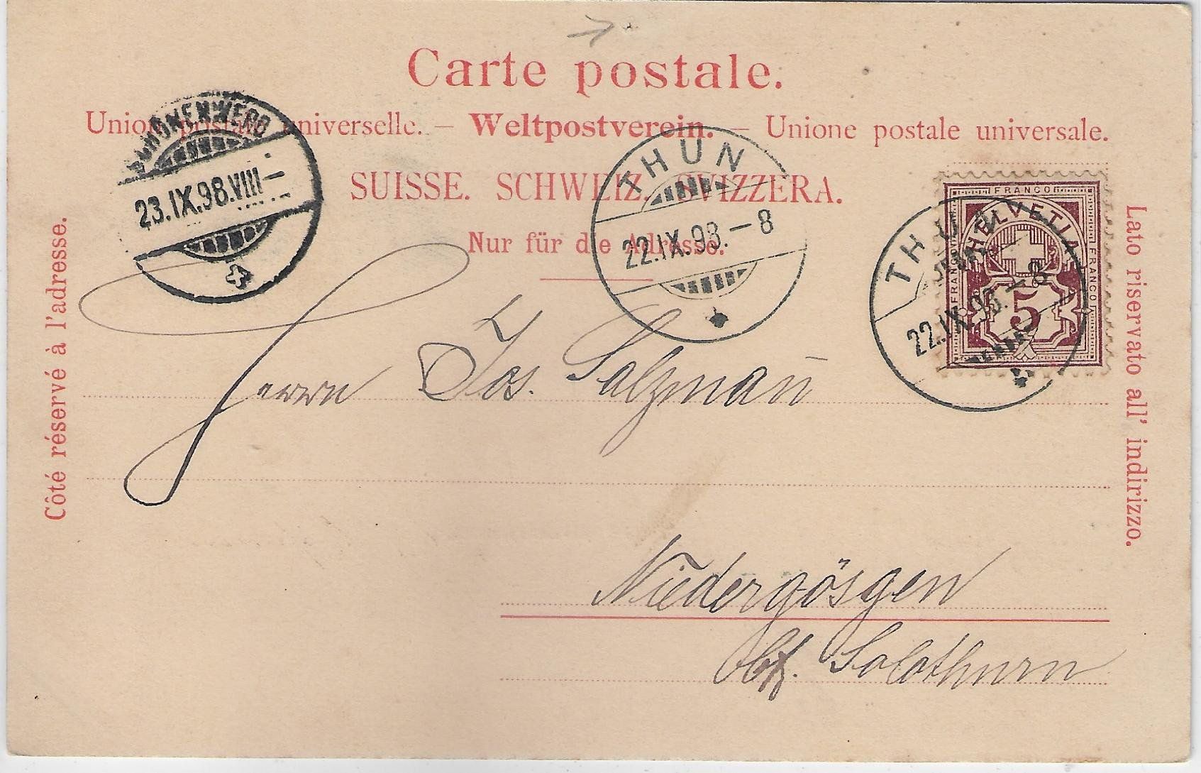 Cartoline postali: Gruss aus Thun - Generalansicht 1898 – Usato da Ettingen venduto da Kartenplanet 1