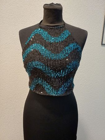 Damen Neckholder Top schwarz blau mit Pailletten neuwertig