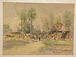 Aquarell Landschaft signiert mit Hof,  Weg und Bäumen