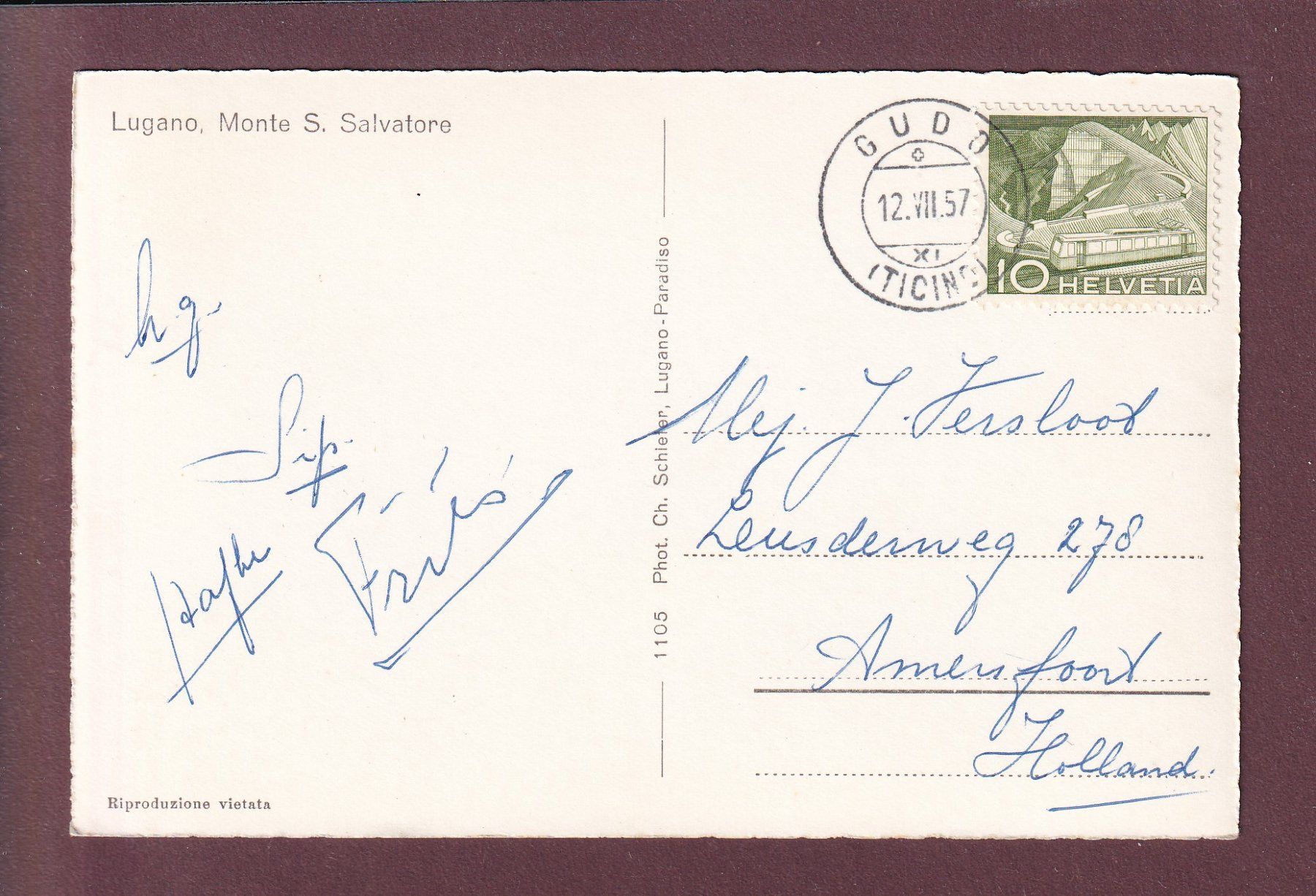 Cartoline postali: LUGANO - San Salvatore - 1957 – Usato da Pully venduto da nicecards 1