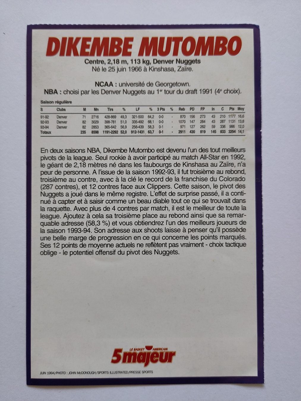 Carte collezionabili: Fiche Dikembe Mutombo - 5 majeur – Usato da Lausanne venduto da the_p2w5 1