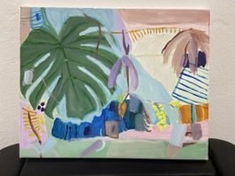 Quadro astratto con foglia monstera e fiori gialli 40x50cm