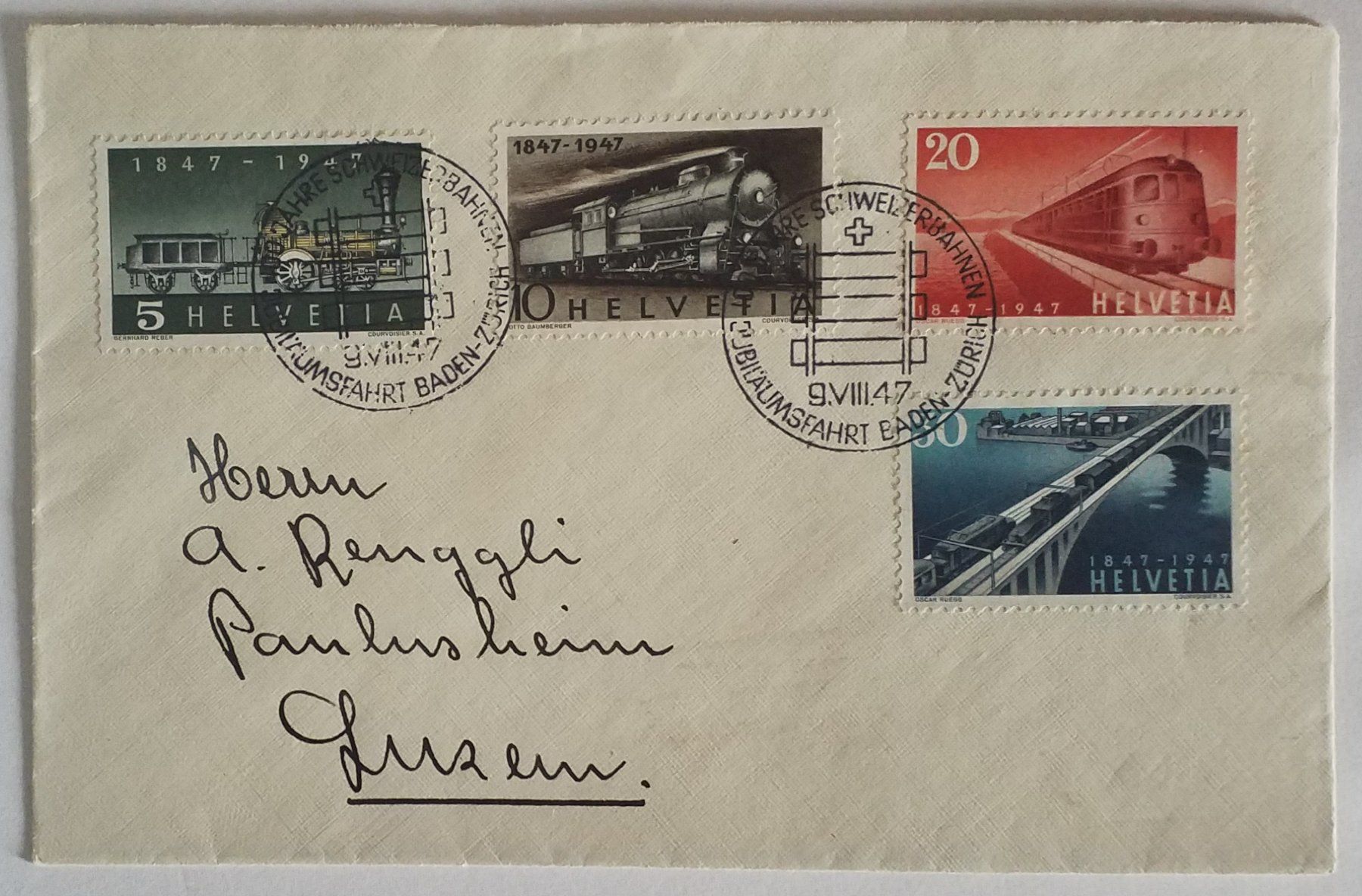 Tutti i francobolli: B155) 277-280, 100 Jahre Eisenbahn FDC – Nuovo (secondo la descrizione) da Baden venduto da Eggi