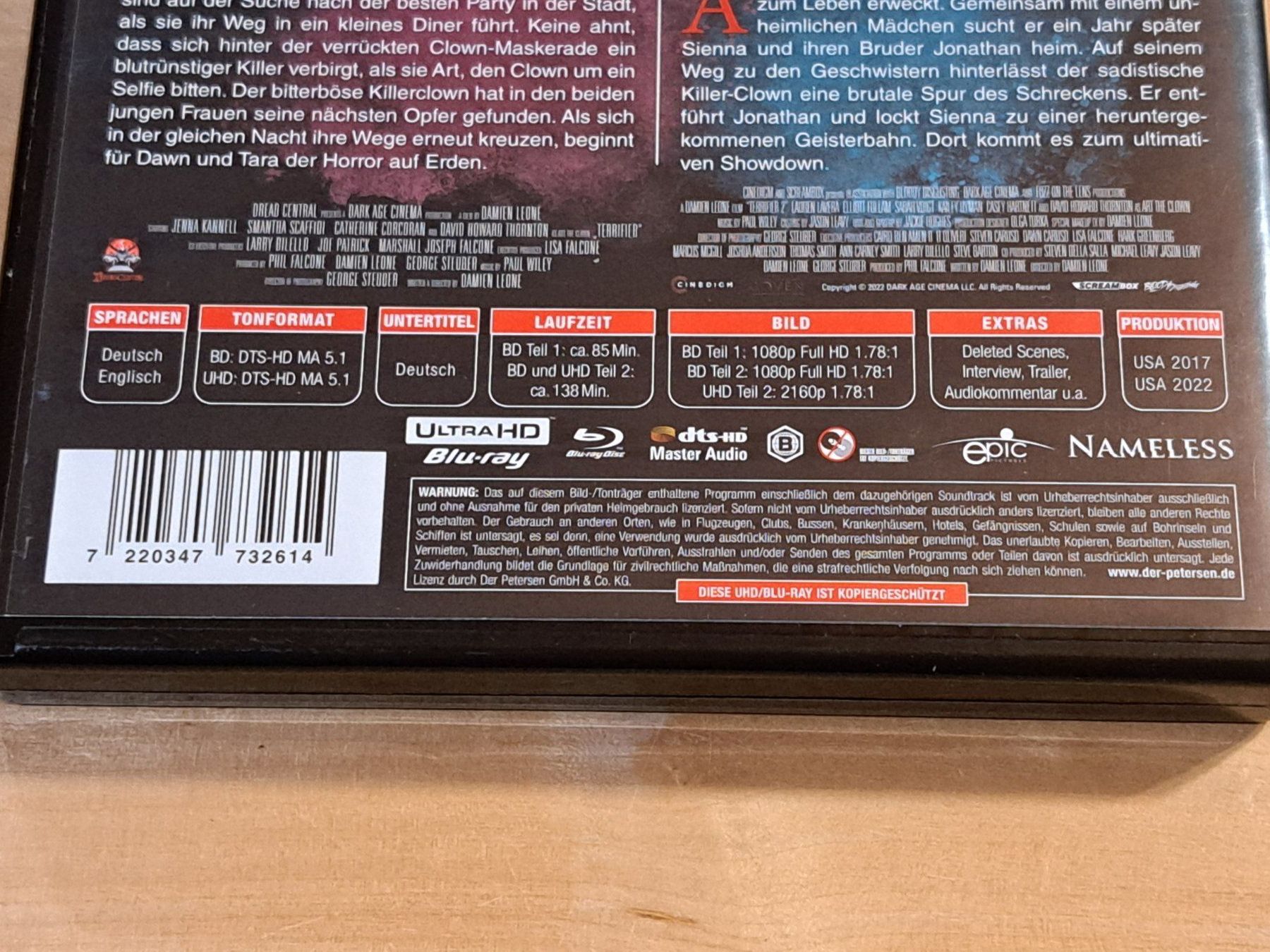 Tutti i DVDs: 4K Ultra HD TERRIFIER 1 und 2, Boxset mit 3 Discs – Nuovo (secondo la descrizione) da Unterseen venduto da Kanica 4