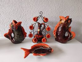Vintage Set Keramik Fische Karaffe mit 8 Bechern Vallauris