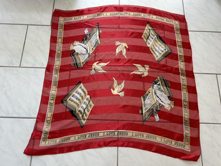 Red polyester scarf with doves and Bible print