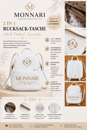 MONARI 2 in 1 Rucksack-Tasche – neu & ungetragen – weiss/gol
