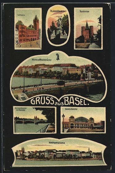 Cartoline postali: Basel, Bundesbahnhof, Rathaus, Rheinpano – Usato da Berlin venduto da bartko-reher