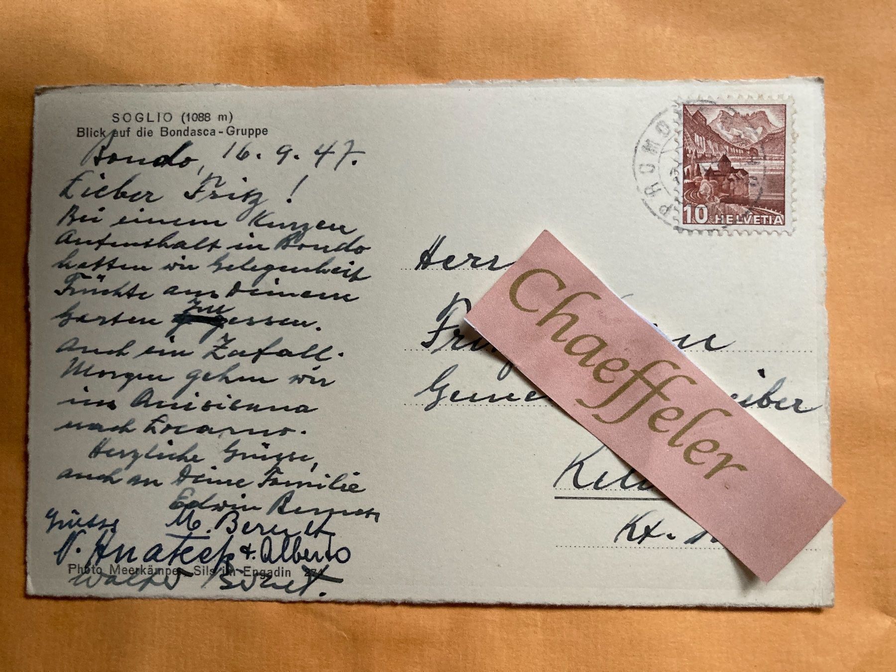 Cartoline postali: 1947 Soglio.  Blick auf Bindesca-Gruppe – Usato da Zürich venduto da Chaeffeler 1