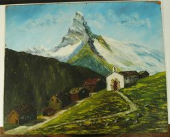 J. Hardegger Matterhorn mit Alphütten Oel auf Pavatex