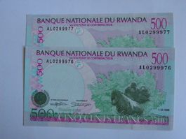 2x Ruanda 500 Francs 1998, Fortlaufende Nummer, Unzirkuliert