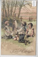Fröhliche Ostern - Kinder mit dem Osterhasen - Präge-Litho