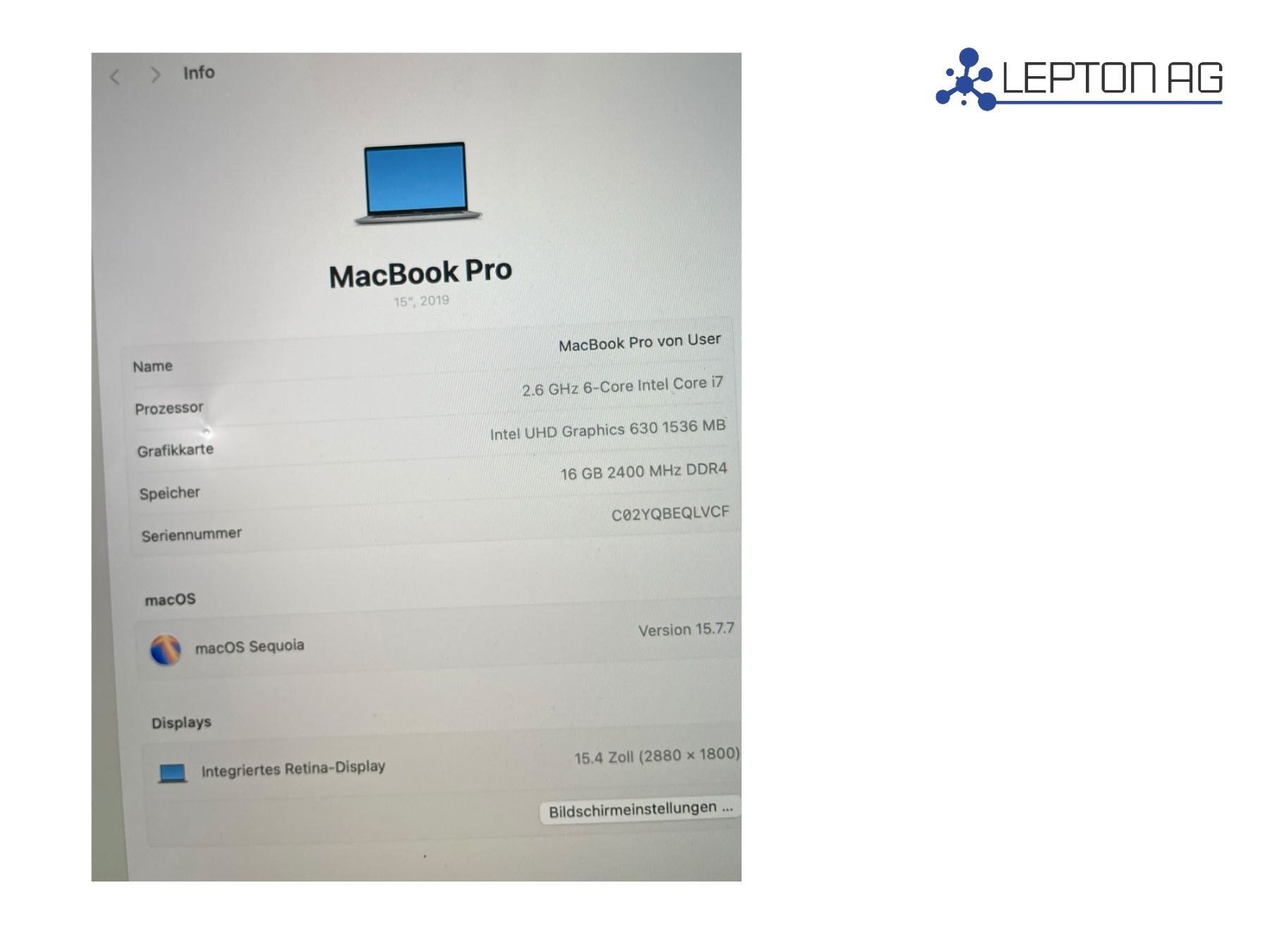 Apple Notebook: Apple Mac Book Pro A1990 15 " i7 Touch (2019) – Usato da Niederdorf venduto da LeptonAG 7