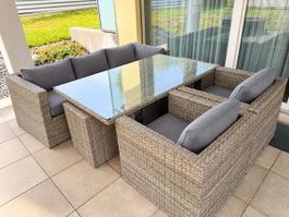 Limare Gartenlounge / Rattan Lounge mit grossem Esstisch