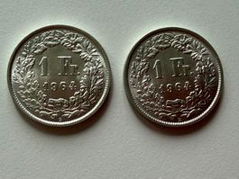 2 x 1 Franken Silbermünzen, Jahrgang 1964, unzirkuliert