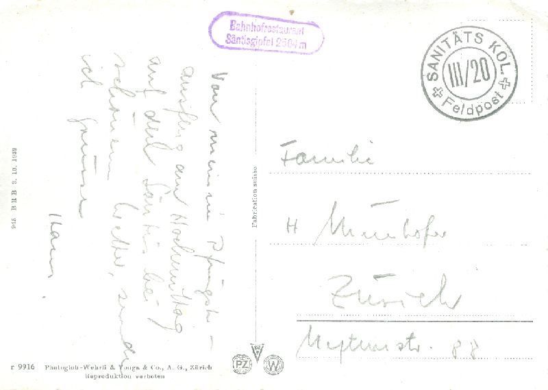 Cartoline postali: Säntis - Bahnhofsrestaurant + 1939 – Usato da Emmenbrücke venduto da teestube 1