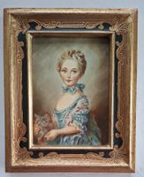 Schönes gerahmtes Miniatur Gemälde, Portrait Frau mit Katze