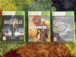 3x Xbox 360 Spiele: Max Payne 3, Saints Row, Battlefield 3