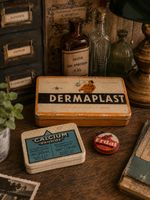Set antik Dosen aus Metall Dermaplast Calcium Sandoz Erdal