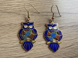 Eulen Ohrringe Blau Goldfarben Vintage
