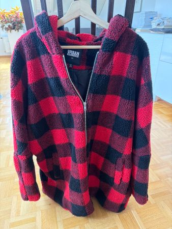 Urban Classics Teddy Jacke Karo Rot-Schwarz Kapuze – Gr. M