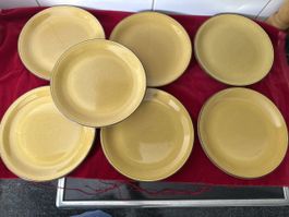 7 Rössler Speiseteller, Essteller, Keramik gelb/braun