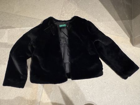 Benetton Girls' Black Faux Fur Jacket, Size S, Age 6-7 Years