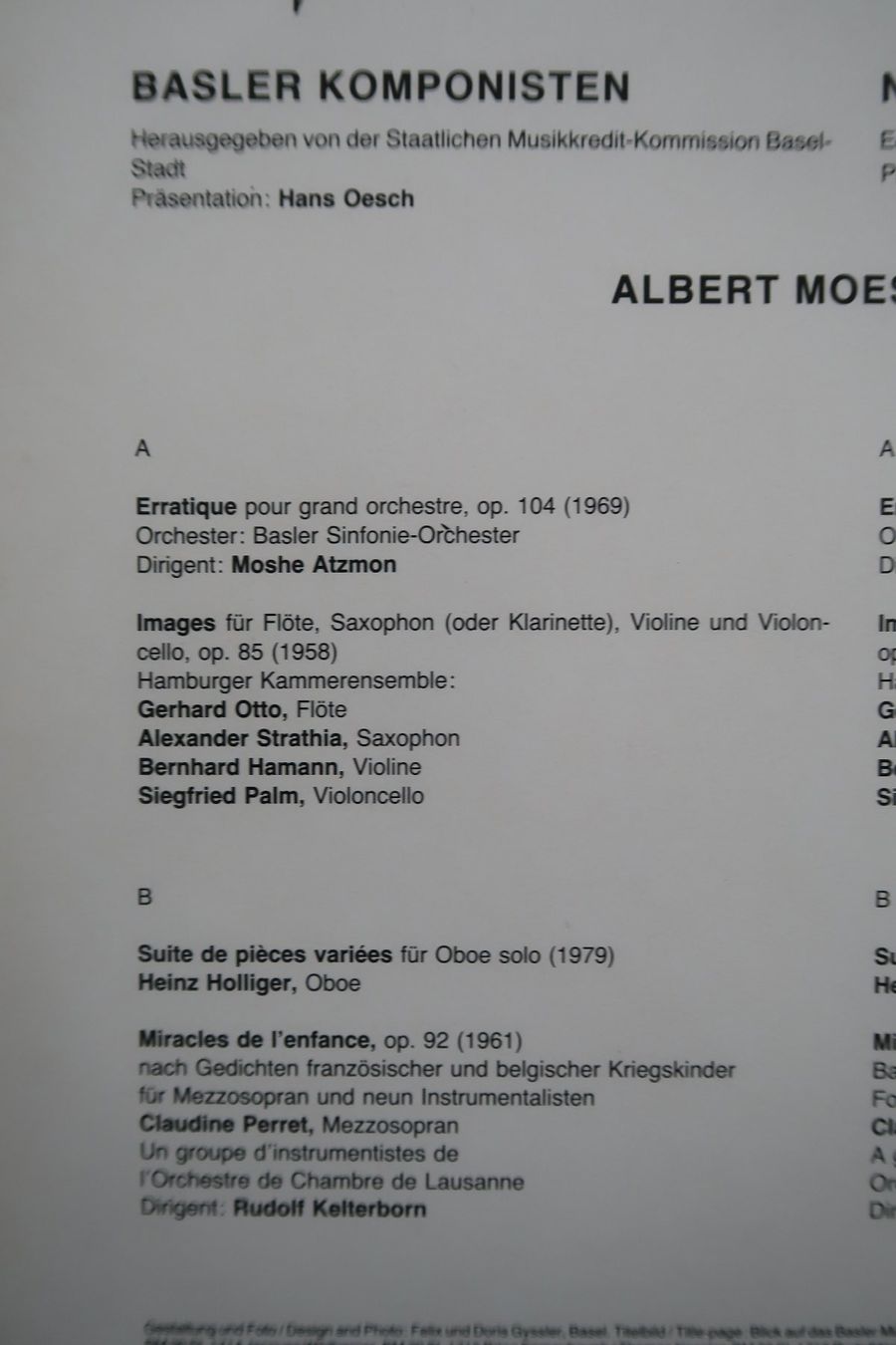 Schallplatten: ALBERT MOESCHINGER - BASLER KOMPONISTEN - VINYL LP – Gebraucht aus Basel von Patiscat 2