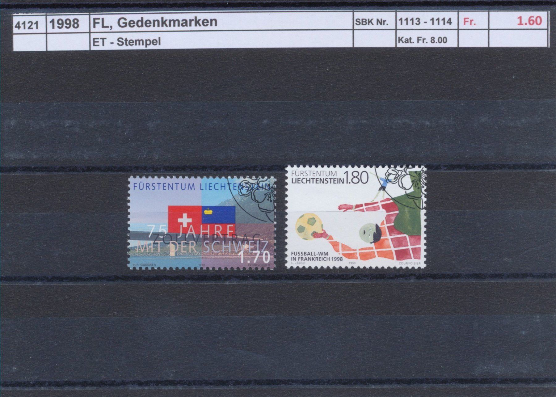 Tutti i francobolli: 1998 FL, "Gedenkmarken", ET - Stempel – Usato da Winterthur venduto da Zupogeru