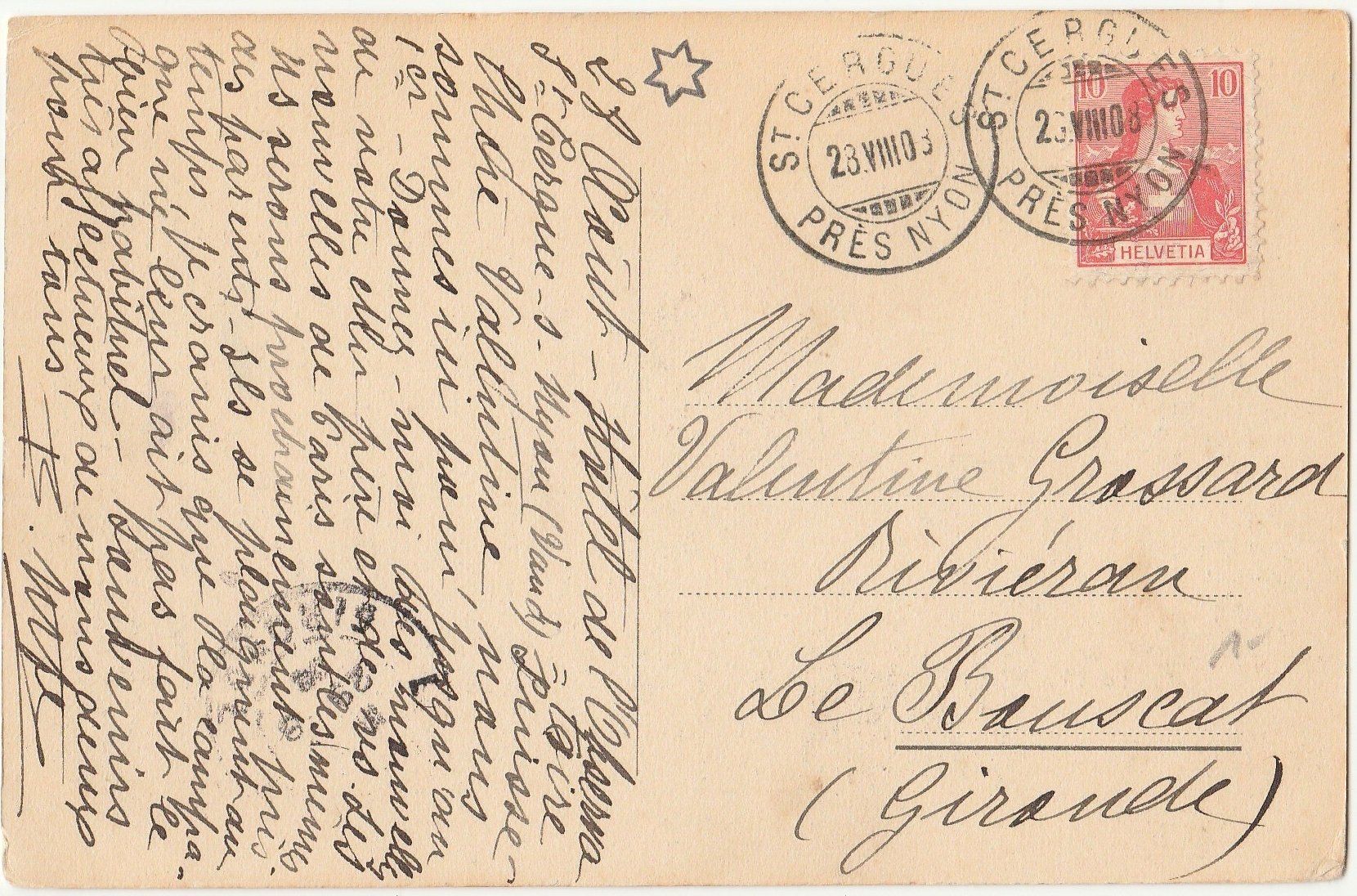 Ansichtskarten: St. Cergue - (1908) – Gebraucht aus Fällanden von Blausegelfliege 1