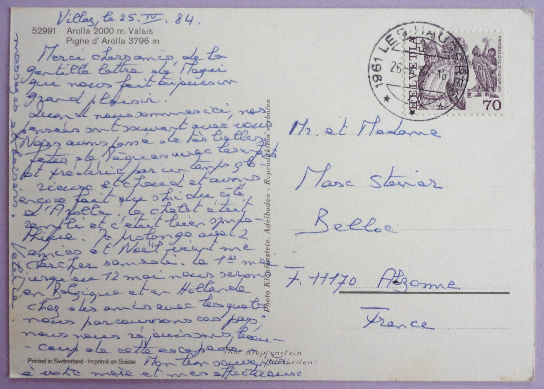 Cartoline postali: Arolla 2000 m, Pigne d' Arolla 3796 m – Usato da Fétigny venduto da Billy2miny 1