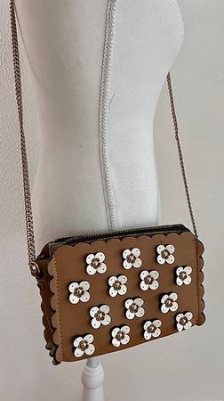 Tasche gold/braun/weiss mit Blumen