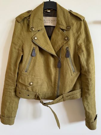 Veste biker BURBERRY Brit, kaki, taille 34, 100% lin