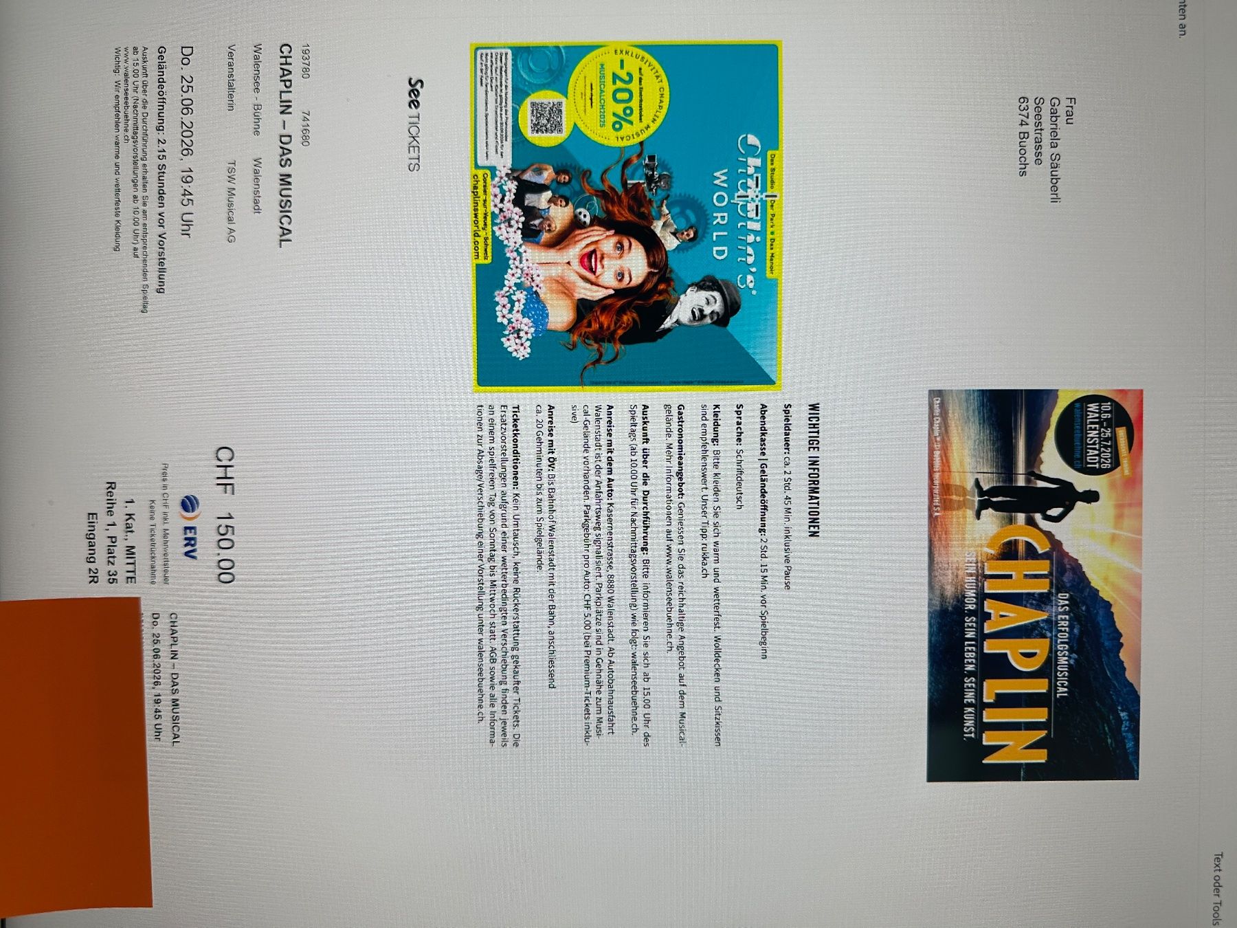 Biglietti: Charlie Chaplin Musical Walensee – Nuovo e nell'imballaggio originale da Buochs venduto da gzimmer 1
