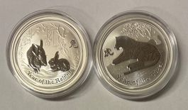 2 Silbermünzen je 1 Unze Feinsilber Tiger und Hase 2010 2011