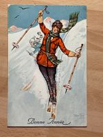 Vintage "Bonne Année" Winter Postkarte, Skifahrerin
