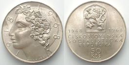50 Kronen, 1968 50 JAHRE TSCHECHOSLOWAKEI Silber unz