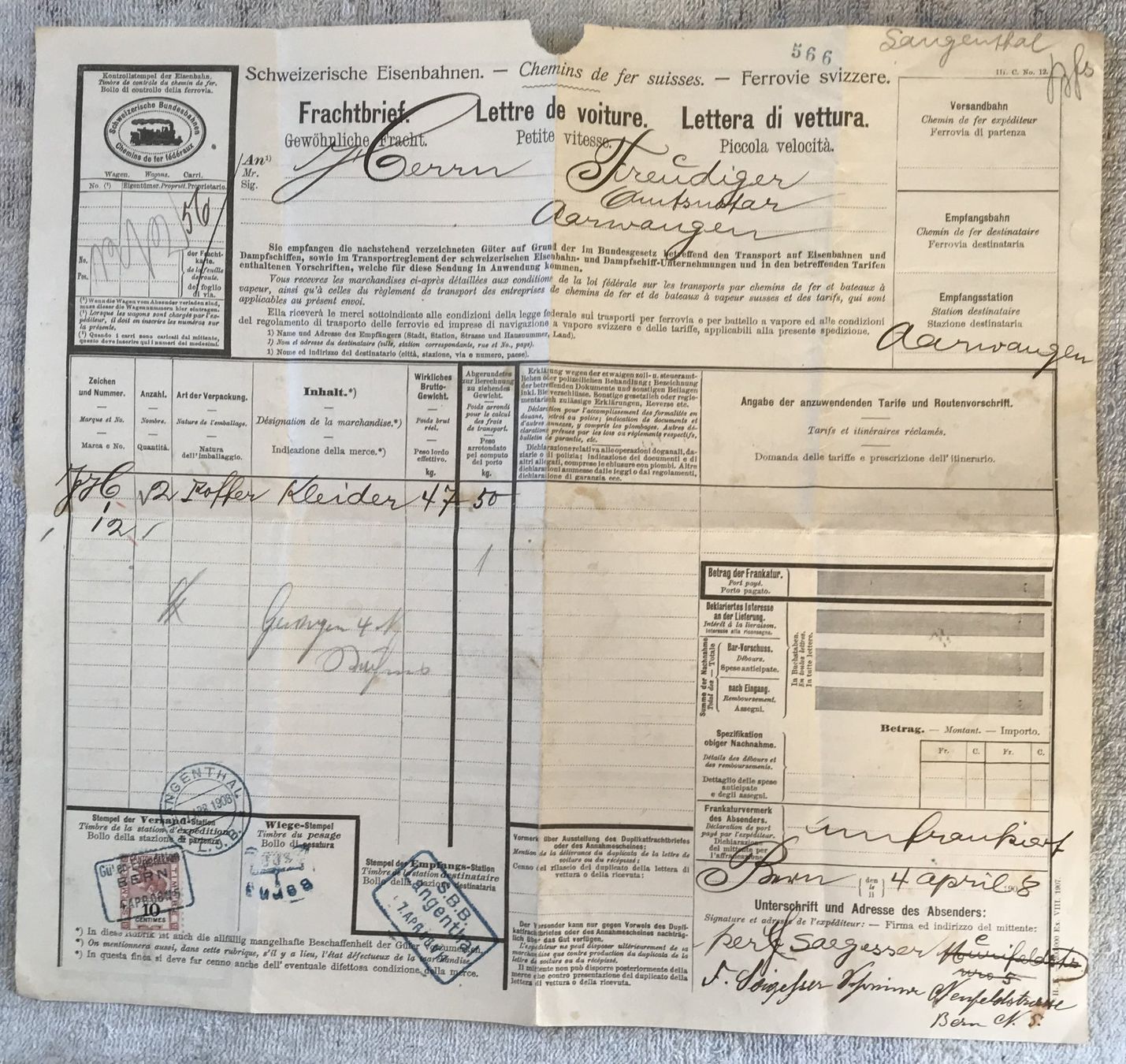 SBB/CFF/FFS Documenti: HISTORISCHE DOKUMENT SCHWEIZER BUNDESBAHNEN 1908 – Usato da Ostermundigen venduto da wini63