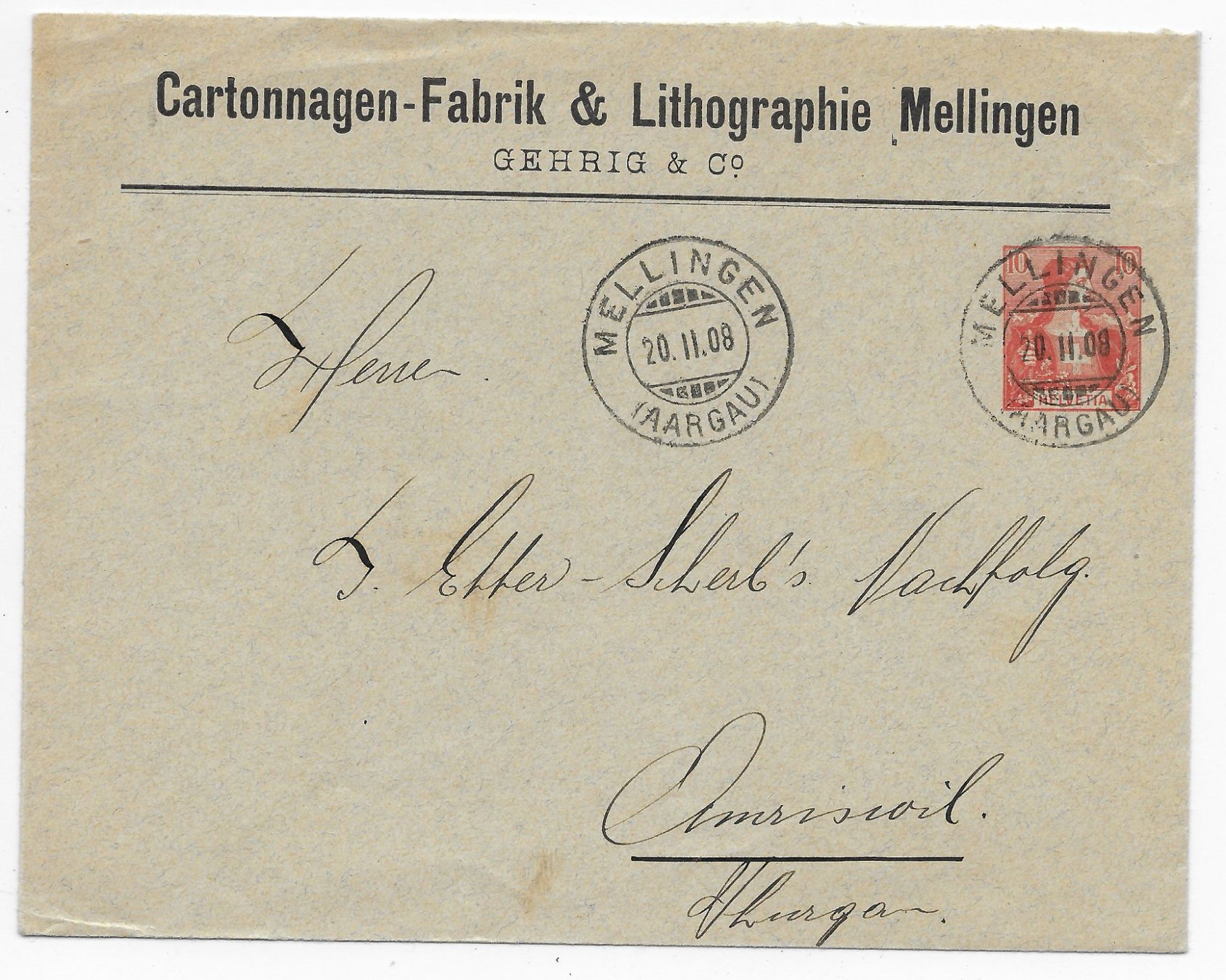 Tutti i francobolli: Cartonagen-Fabrik & Lithographie Mellingen 1908 – Usato da Hefenhofen venduto da Richsalz
