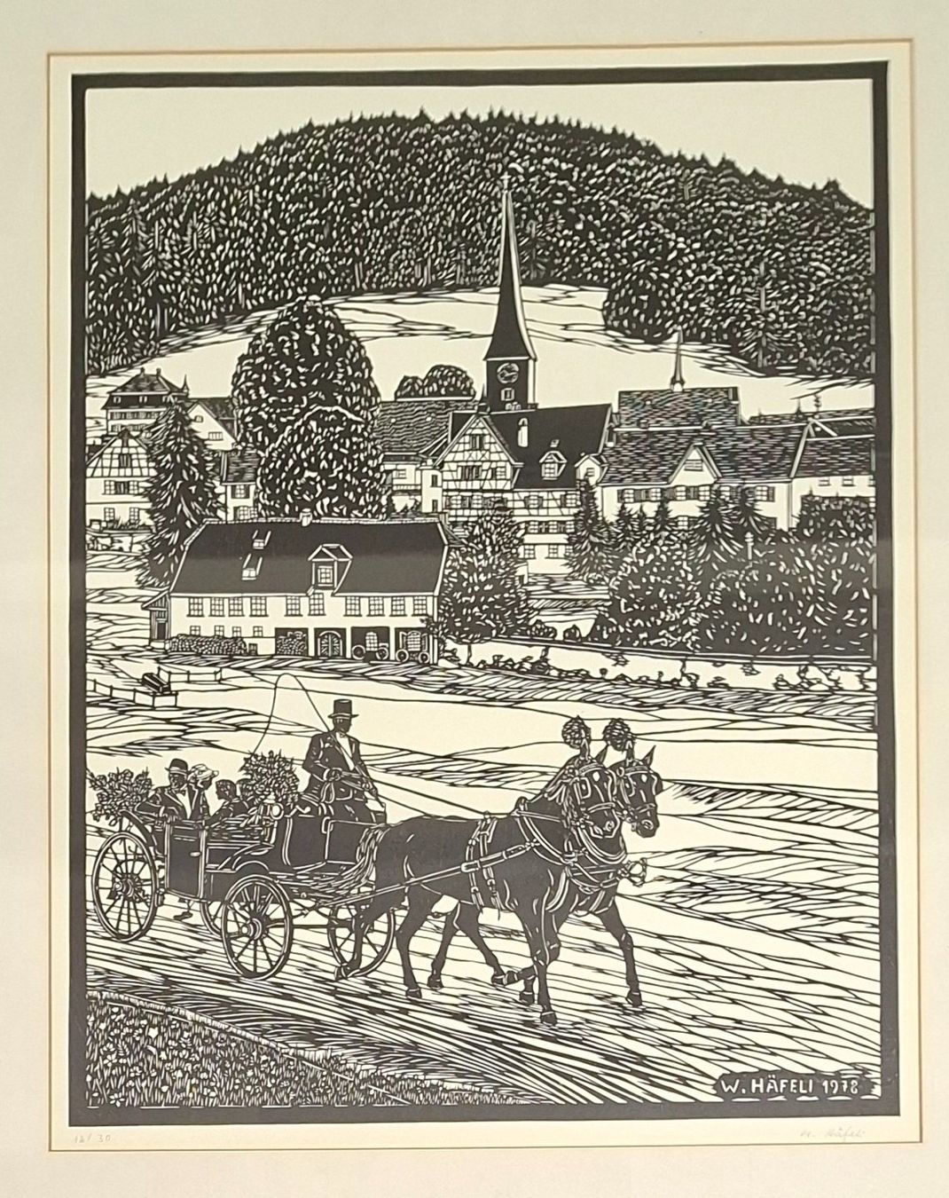 Grafica & Litografie: Häfeli Werner, Scherenschnitt-Litho, Hochzeit Kutsche Pferd – Usato da St. Gallen venduto da BlauesKreuzSG-App 2