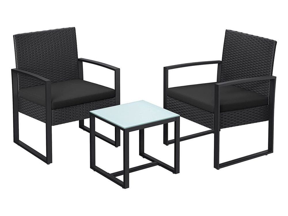Set di tavolo e panche: Balkonmöbel Set Polyrattan Tisch Stühle Schwarz JUNO – Nuovo e nell'imballaggio originale da Lachen SZ venduto da MAMORU-MOEBEL