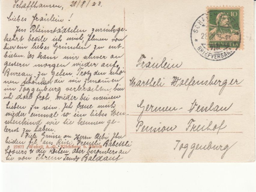 Ansichtskarten: Schaffhausen 1923 – Gebraucht aus Bürglen TG von StampGraf 1