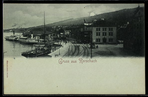 Cartoline postali: Mondschein-AK Rorschach, Dampfer im Hafen – Usato da Berlin venduto da bartko-reher