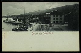 Mondschein-AK Rorschach, Dampfer im Hafen