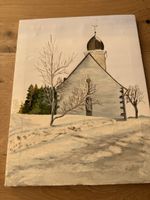 Peinture huile tableau La Chaux-du-Milieu église