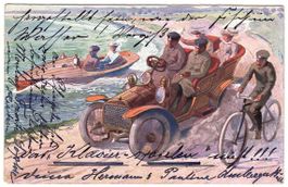 Historische Postkarte, Zürich 1907, Automobilausstellung