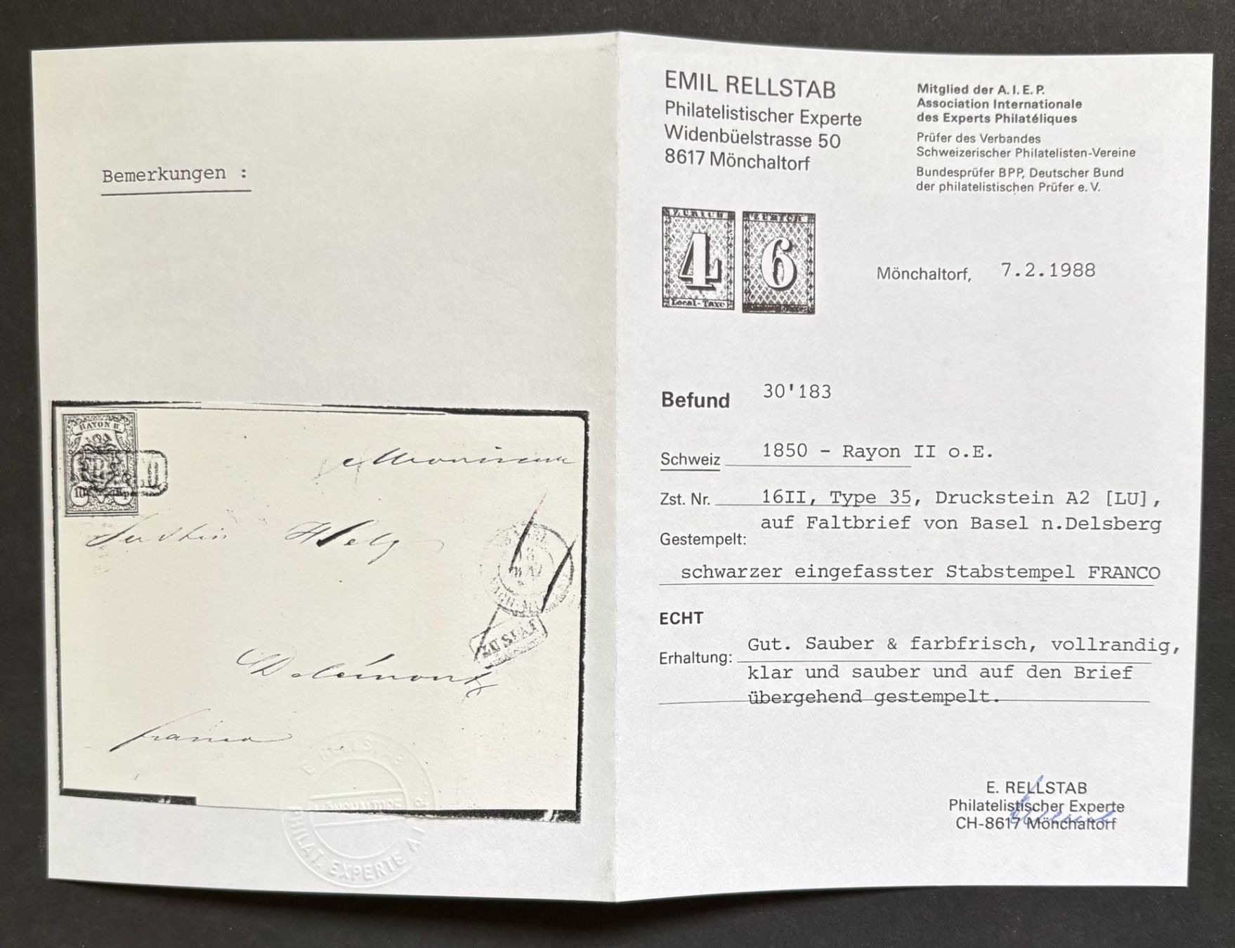 Alle Briefmarken: FALTBRIEF SCHWEIZ 1850 RAYON II O.E. MIT ATTEST – Gebraucht aus Ostermundigen von Heavenmaus75 2
