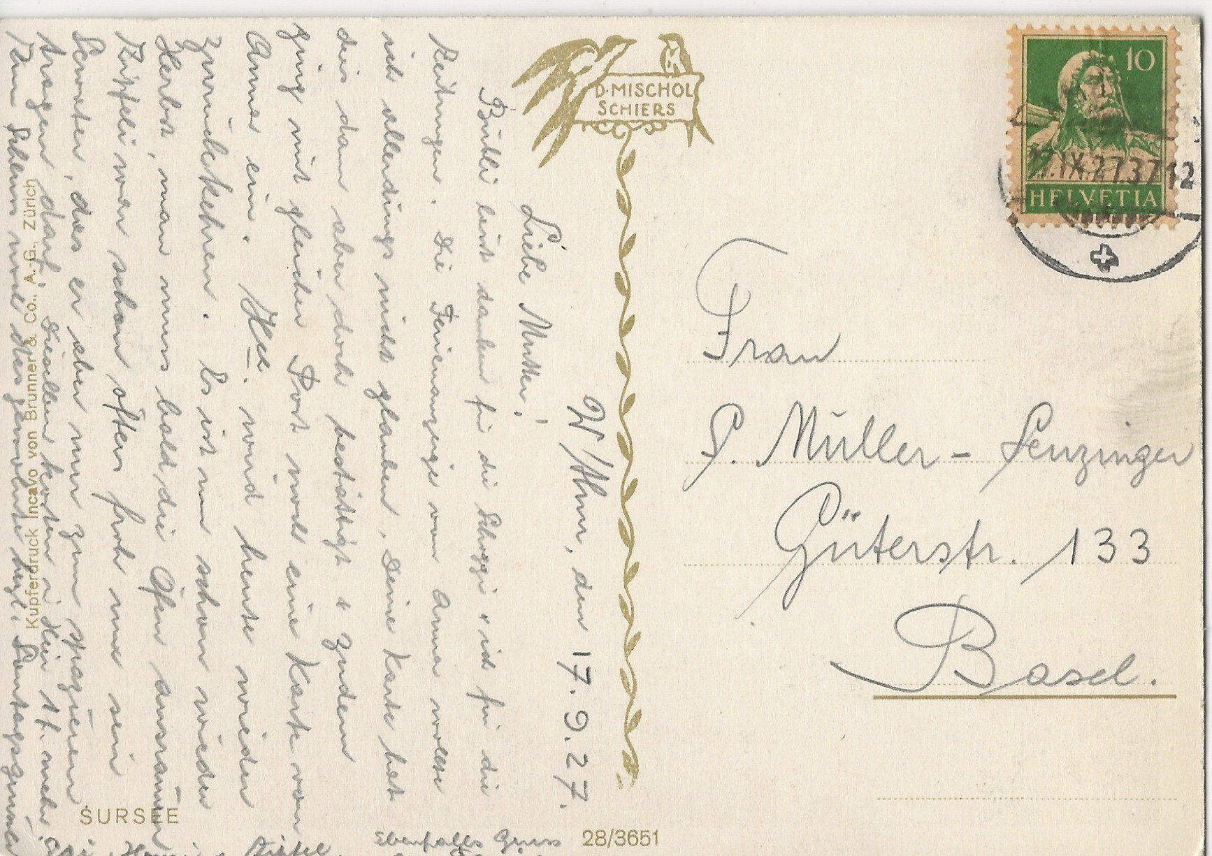Cartoline postali: Mischol,Schiers,Sursee,1927 – Usato da Frauenfeld venduto da Merk52 1