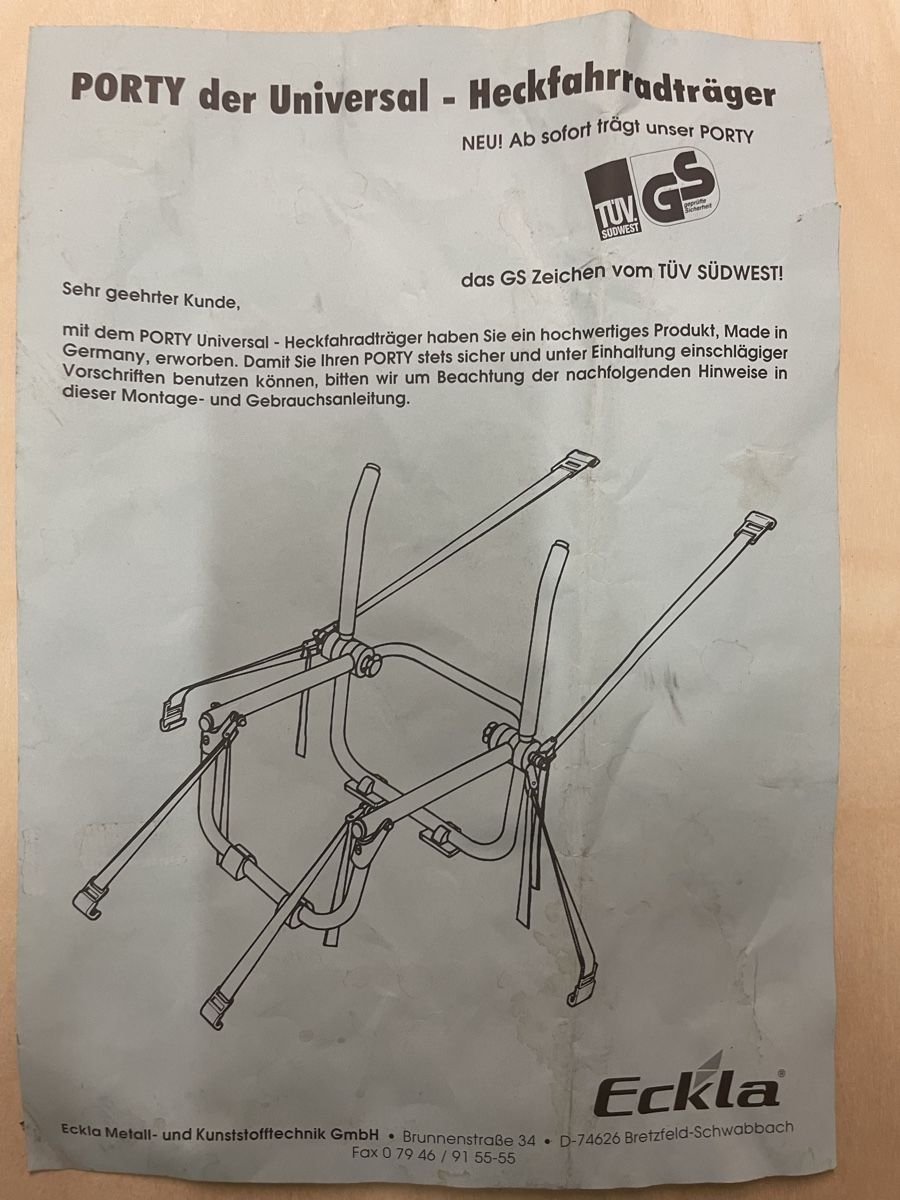 Balken: ECKLA-PORTY Universal - Heckfahrradträger – Gebraucht aus Freienstein von Batino1 7